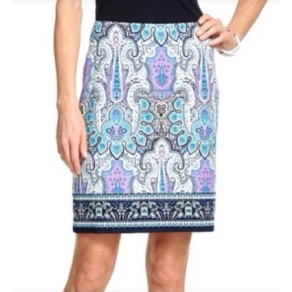 Talbots Paisley Navy Pink Print Cotton Blend Stretch Pencil Skirt - Size 8 - Picture 2 of 12
